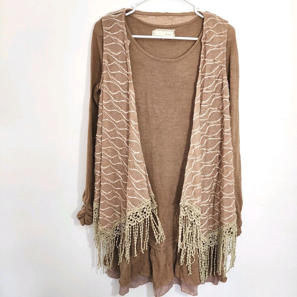 A'reve Crochet Lace Open Front Built in Vest Cardigan Boho Fairycore Top Sz. S